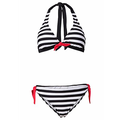 QinMM Conjunto Bikini Mujer Bikini a Rayas, Push up Bra Traje de baño Ropa de Playa (Negro, S)