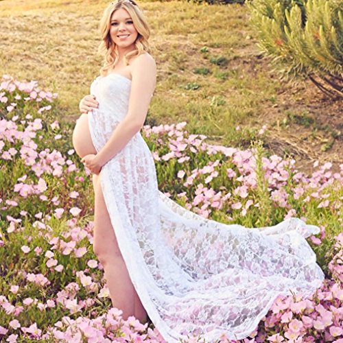 QinMM Vestido Maxi Sexy Mujer Embarazada premamá, Encaje sin Tirantes de fotografía de Props Maternidad (Blanco, XL)