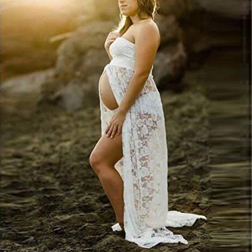QinMM Vestido Maxi Sexy Mujer Embarazada premamá, Encaje sin Tirantes de fotografía de Props Maternidad (Blanco, XL)
