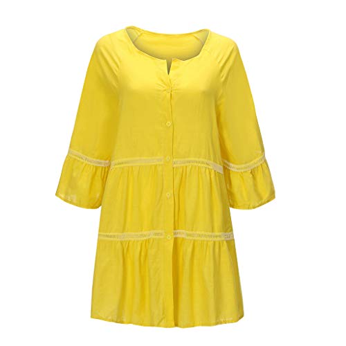 QinMMROPA Blusa Hueca de algodón y Lino para Mujer Camiseta Botones con Cuello en V y Tallas Grandes Camisa Suelta Casual Amarillo XXXL