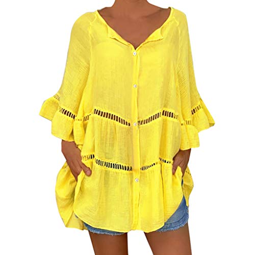 QinMMROPA Blusa Hueca de algodón y Lino para Mujer Camiseta Botones con Cuello en V y Tallas Grandes Camisa Suelta Casual Amarillo XXXL