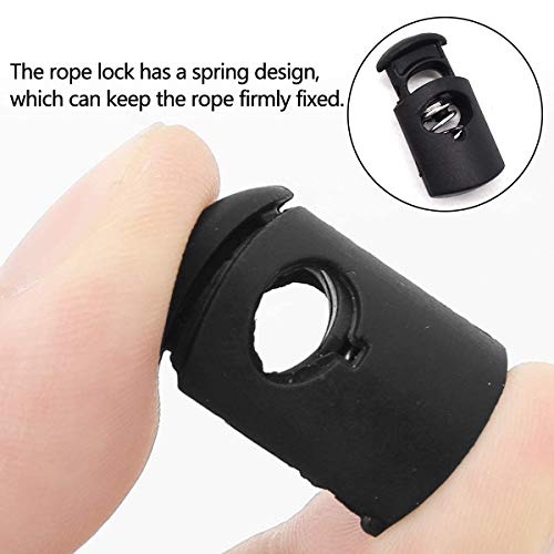 Qixuer 180 Pcs Bloqueo de Cordón de Resorte,Negro Tapón de Cerradura de Resortes Botones Cerraduras de Cordón de Plástico Hebilla de Resorte de Extremo para Mochila con Cordón Cordones Ropa Diarias