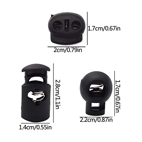 Qixuer 180 Pcs Bloqueo de Cordón de Resorte,Negro Tapón de Cerradura de Resortes Botones Cerraduras de Cordón de Plástico Hebilla de Resorte de Extremo para Mochila con Cordón Cordones Ropa Diarias