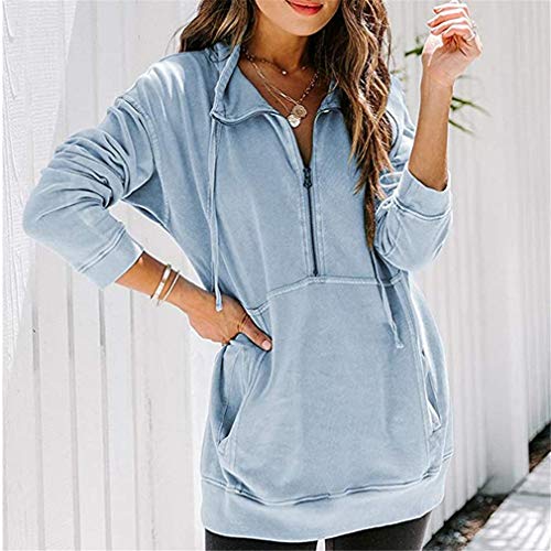 QIYUN.Z Sudadera con Capucha y Cremallera de Manga Larga para Mujer Sudaderas con Cuello Alto y Bolsillo con Bolsillo Azul Cielo 2XL