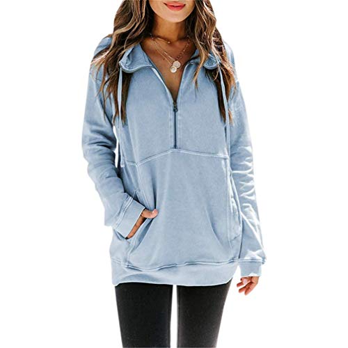 QIYUN.Z Sudadera con Capucha y Cremallera de Manga Larga para Mujer Sudaderas con Cuello Alto y Bolsillo con Bolsillo Azul Cielo 2XL