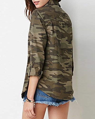 Quge Camisas Mujer Manga Larga Camuflaje De Casual Camisetas Blusa Slim Fit Verde XXL