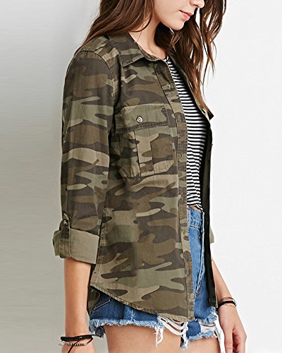 Quge Camisas Mujer Manga Larga Camuflaje De Casual Camisetas Blusa Slim Fit Verde XXL