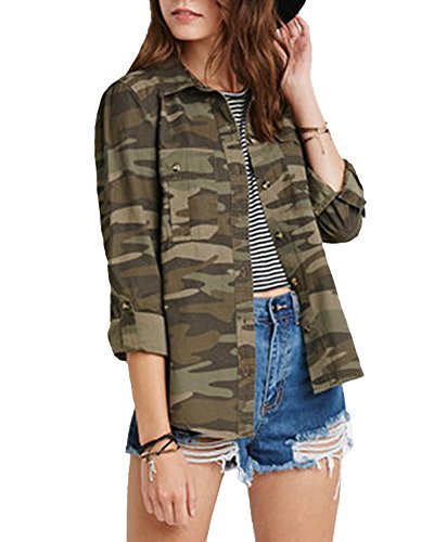 Quge Camisas Mujer Manga Larga Camuflaje De Casual Camisetas Blusa Slim Fit Verde XXL