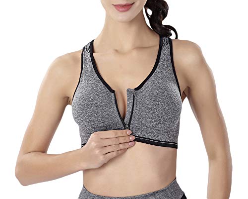 Quge Mujer Sujetador Deportivo Gimnasio Tops Correr Sin Costuras Yoga Comodidad Frontal Cremallera Gris 3XL