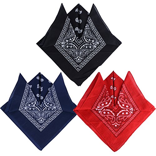 QUMAO Pack de 3 Pañuelos Bandanas de Modelo de Paisley para Cuello/Cabeza Multicolor Múltiple 100% Algodón para Mujer y Hombre (Pack de 3; Negro&rojo&azul oscuro)