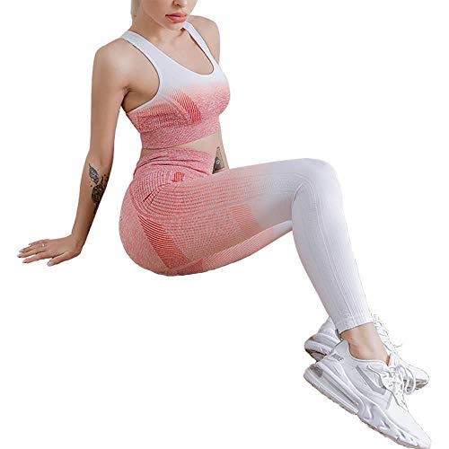quming Mallas Mujer Yoga Suaves EláSticos,Pantalones de Chaleco de Yoga para Mujer de Dos Piezas, Conjuntos Deportivos sin Costuras con gradiente de Gimnasio-Pink_L