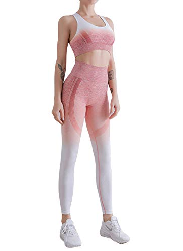 quming Mallas Mujer Yoga Suaves EláSticos,Pantalones de Chaleco de Yoga para Mujer de Dos Piezas, Conjuntos Deportivos sin Costuras con gradiente de Gimnasio-Pink_L