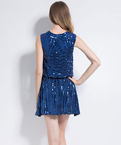 QUNLIANYI Vestidos Mujer Lentejuelas Vestido Mujeres Sexy Fiesta Chaleco Vestidos De Cuello V Abalorios Elegante Vestido De Baile Un Tamaño Azul