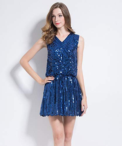 QUNLIANYI Vestidos Mujer Lentejuelas Vestido Mujeres Sexy Fiesta Chaleco Vestidos De Cuello V Abalorios Elegante Vestido De Baile Un Tamaño Azul
