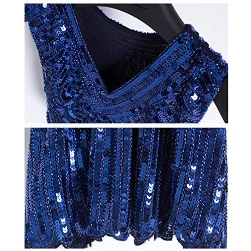 QUNLIANYI Vestidos Mujer Lentejuelas Vestido Mujeres Sexy Fiesta Chaleco Vestidos De Cuello V Abalorios Elegante Vestido De Baile Un Tamaño Azul