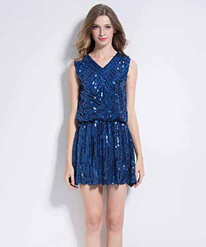 QUNLIANYI Vestidos Mujer Lentejuelas Vestido Mujeres Sexy Fiesta Chaleco Vestidos De Cuello V Abalorios Elegante Vestido De Baile Un Tamaño Azul