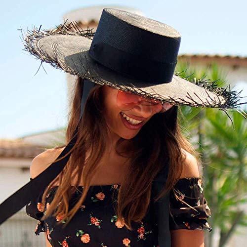 RACEU ATELIER Sombrero Panamá Negro Deshilachado de Ala Ancha Cinta Intercambiable - Sombrero de Paja Estilo Fedora - Sombreros Panamá Original - Tejido a Mano