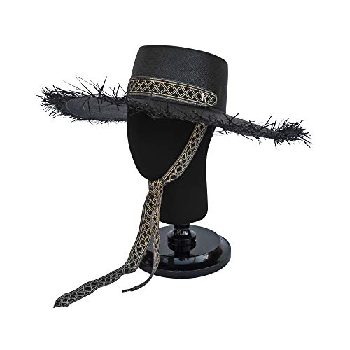 RACEU ATELIER Sombrero Panamá Negro Deshilachado de Ala Ancha Cinta Intercambiable - Sombrero de Paja Estilo Fedora - Sombreros Panamá Original - Tejido a Mano