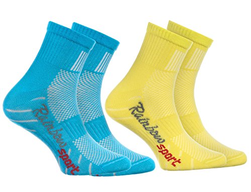 Rainbow Socks - Niño Niña Calcetines Deporte Colores Algodón - 2 Pares - Turquesa Amarillo - Talla 24-29