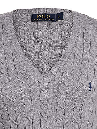 Ralph Lauren Mujer Cuello V Jersey, Suéter Morado, Azul Marino, Blanco Talla S,M,L,XL Cable Knit - Gris, S