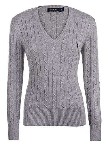 Ralph Lauren Mujer Cuello V Jersey, Suéter Morado, Azul Marino, Blanco Talla S,M,L,XL Cable Knit - Gris, S