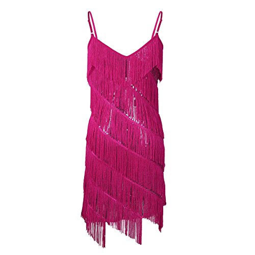 ranrann Vestido de Baile Latino Flecos para Mujer Vestido de Tango Salsa Rumba Lentejuelas Traje de Baile de Salón Cha Cha Disfraz Fiesta Noche Dancewear Rosa Oscuro One_Size