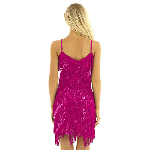 ranrann Vestido de Baile Latino Flecos para Mujer Vestido de Tango Salsa Rumba Lentejuelas Traje de Baile de Salón Cha Cha Disfraz Fiesta Noche Dancewear Rosa Oscuro One_Size