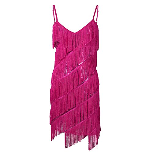 ranrann Vestido de Baile Latino Flecos para Mujer Vestido de Tango Salsa Rumba Lentejuelas Traje de Baile de Salón Cha Cha Disfraz Fiesta Noche Dancewear Rosa Oscuro One_Size