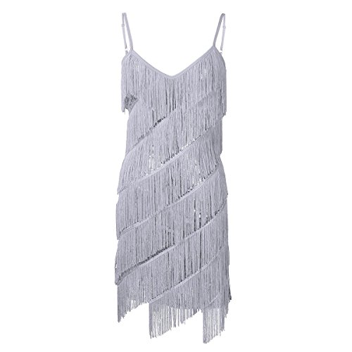 ranrann Vestido de Baile Latino Flecos para Mujer Vestido de Tango Salsa Rumba Lentejuelas Traje de Baile de Salón Cha Cha Disfraz Fiesta Noche Dancewear Gris One_Size