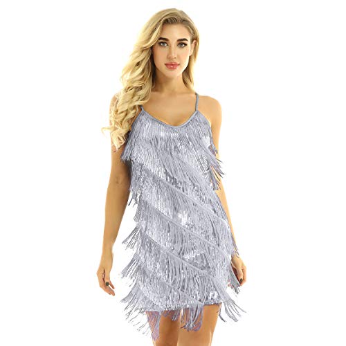 ranrann Vestido de Baile Latino Flecos para Mujer Vestido de Tango Salsa Rumba Lentejuelas Traje de Baile de Salón Cha Cha Disfraz Fiesta Noche Dancewear Gris One_Size