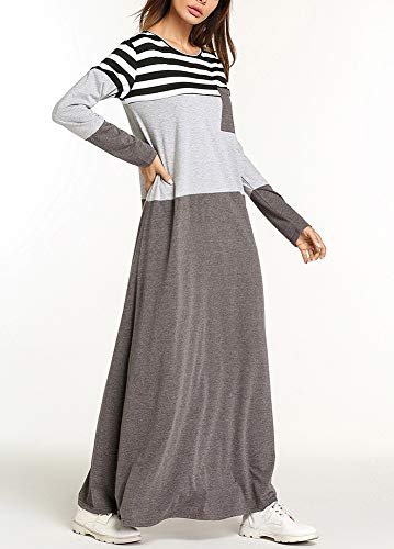 Rayas En Contraste Costuras Manga Larga Cuello Redondo Vestido Túnica Árabe Vestido De Mujer Gris 4XL
