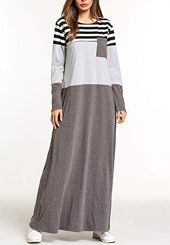 Rayas En Contraste Costuras Manga Larga Cuello Redondo Vestido Túnica Árabe Vestido De Mujer Gris 4XL