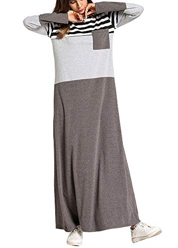 Rayas En Contraste Costuras Manga Larga Cuello Redondo Vestido Túnica Árabe Vestido De Mujer Gris 4XL