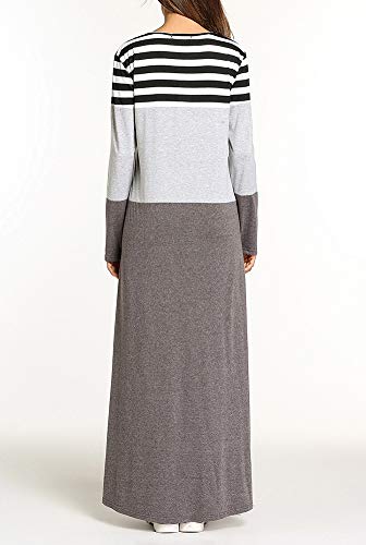 Rayas En Contraste Costuras Manga Larga Cuello Redondo Vestido Túnica Árabe Vestido De Mujer Gris 4XL