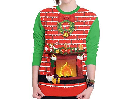 Realista 3D Impresión Digital Navidad Casa Chimenea Patrón Novedad Pullover Sudaderas De Manga Larga Casual Suéter De Cuello Redondo Chándal-L