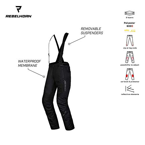 Rebelhorn Pantalones de Moto Thar II, Color Negro, para Hombre, 3 Capas, Forro de Membrana Impermeable de Nivel CE, 1 Protectores, Sistema Clima, Paneles Antideslizantes, Elementos Reflectantes, 4