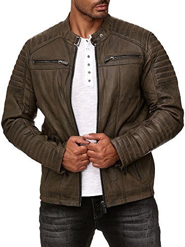 Redbridge Chaqueta de Cuero para Hombre Cuero Genuino Estilo Biker Caqui XS