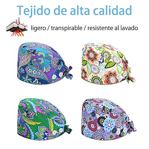 Reesibi Gorro de Quirofano Cap Hat Ajustable, Turbante Pelo Sombrero Trabajo Gorros Hombre Mujer Fines Múltiples, Estampado Gorro, Gorro Ducha - Ccuatros Unidades