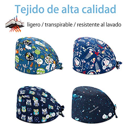 Reesibi Gorro Quirofano para Hombre Mujer, Gorros Ajustables Cap Hat Turbante Pelo Sombrero Trabajo Fines Múltiples, Estampado Gorro, Gorro Ducha - Cuatro Gorros