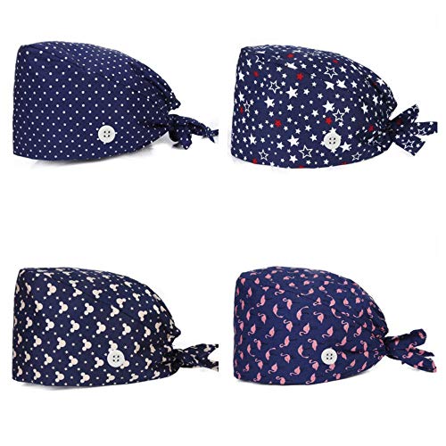 REGNBUE 4 Piezas Gorro Quirofano Mujer/hombr Algodón Lindo Impresión Doctor Enfermera Sombrero Gorro Quirúrgico con Botones-D