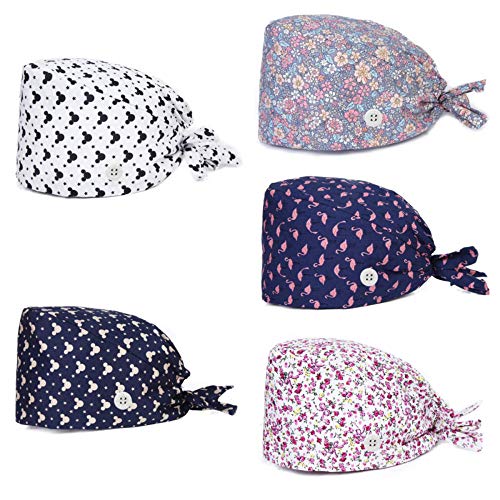 REGNBUE 5 Piezas Gorro Quirofano Mujer/hombr Algodón Lindo Impresión Doctor Enfermera Sombrero Gorro Quirúrgico con Botones-D