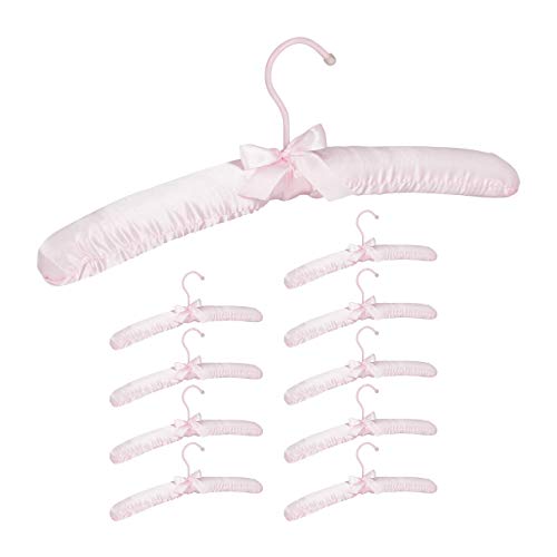 Relaxdays Pack de 10 Perchas Forradas de Raso con Lazo Decorativo, Giratorias, Madera-Tela-Metal, 38 cm de Ancho, Rosa