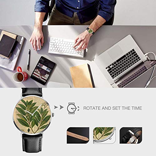 Reloj de cuero con estampado botánico en la página del libro viejo unisex clásico casual de moda reloj de cuarzo reloj de acero inoxidable con correa de cuero