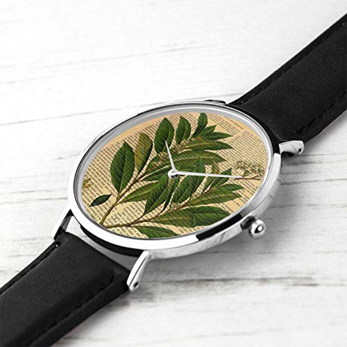 Reloj de cuero con estampado botánico en la página del libro viejo unisex clásico casual de moda reloj de cuarzo reloj de acero inoxidable con correa de cuero