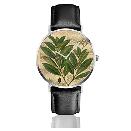 Reloj de cuero con estampado botánico en la página del libro viejo unisex clásico casual de moda reloj de cuarzo reloj de acero inoxidable con correa de cuero