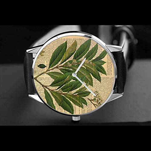 Reloj de cuero con estampado botánico en la página del libro viejo unisex clásico casual de moda reloj de cuarzo reloj de acero inoxidable con correa de cuero