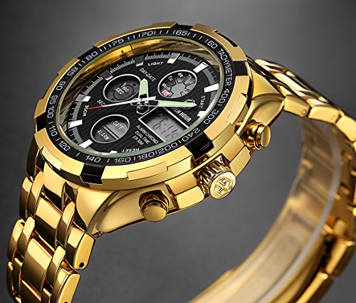 Reloj digital y analógico deportivo de acero inoxidable dorado, con cronógrafo, fecha y alarma, multifunción, resistente al agua, moderno y lujoso, para hombre