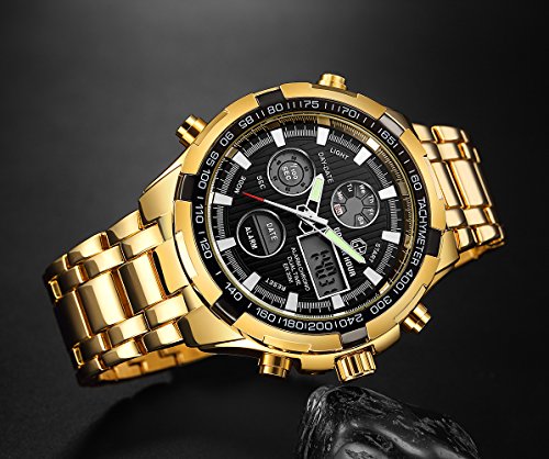 Reloj digital y analógico deportivo de acero inoxidable dorado, con cronógrafo, fecha y alarma, multifunción, resistente al agua, moderno y lujoso, para hombre