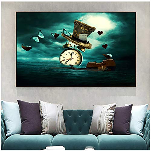 Reloj violín mariposa sombrero imagen creativa surrealismo decoración del hogar lienzo pintura moderna pared arte cartel e impresión