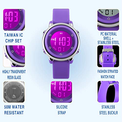 Relojes deportivos digitales para niñas Yesure. Reloj deportivo impermeable de 5 ATM con cronómetro de alarma, 7 luces traseras LED